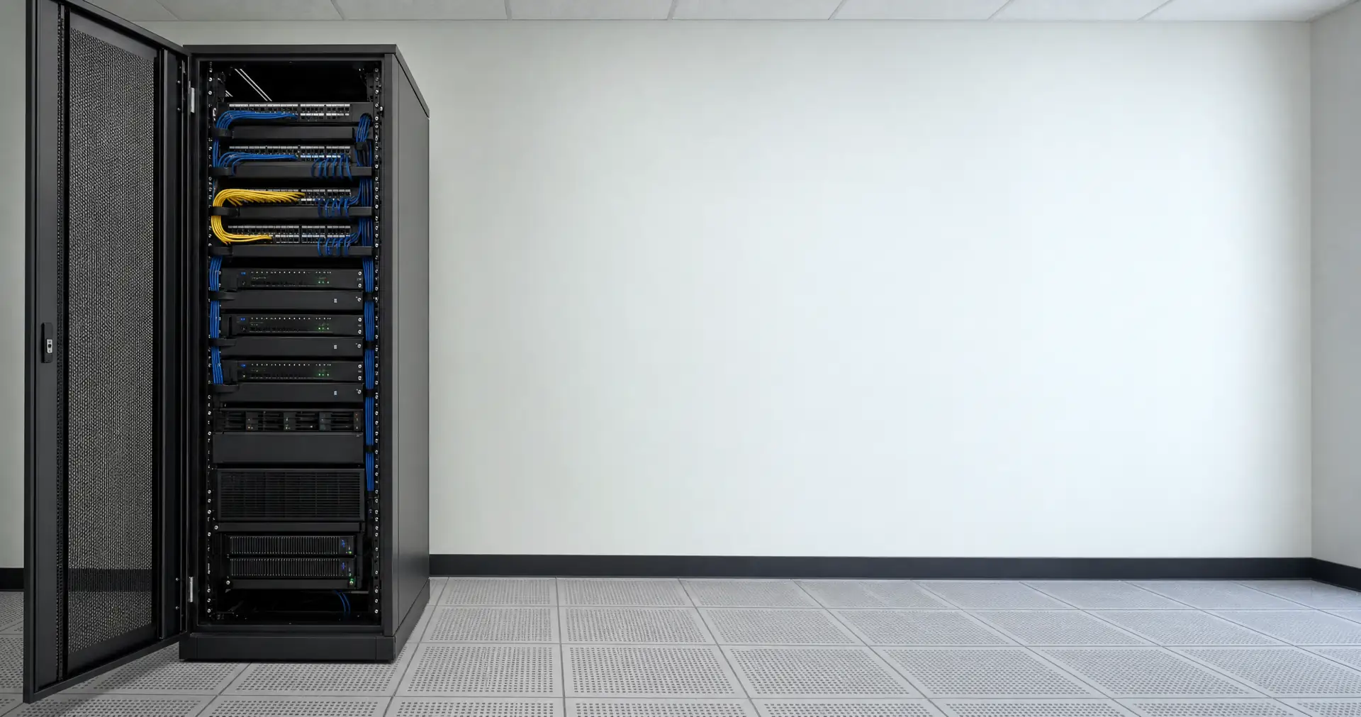 A rack of networking equipment with cabling routed to one side
